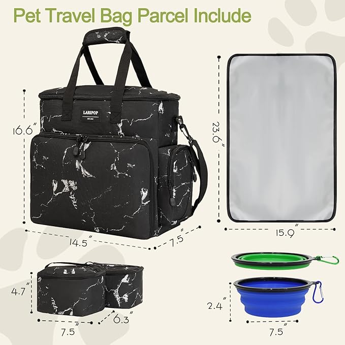 Dog Travel Bag,Weekend Pet Travel bag Set for Dog and Cat,Airline Approved Tote Multi-Function Dog Bags for Traveling,Include 2 Collapsible Bowls,2 Food Storage Containers,1 Feeding Mat,Marble-PurrikoPets