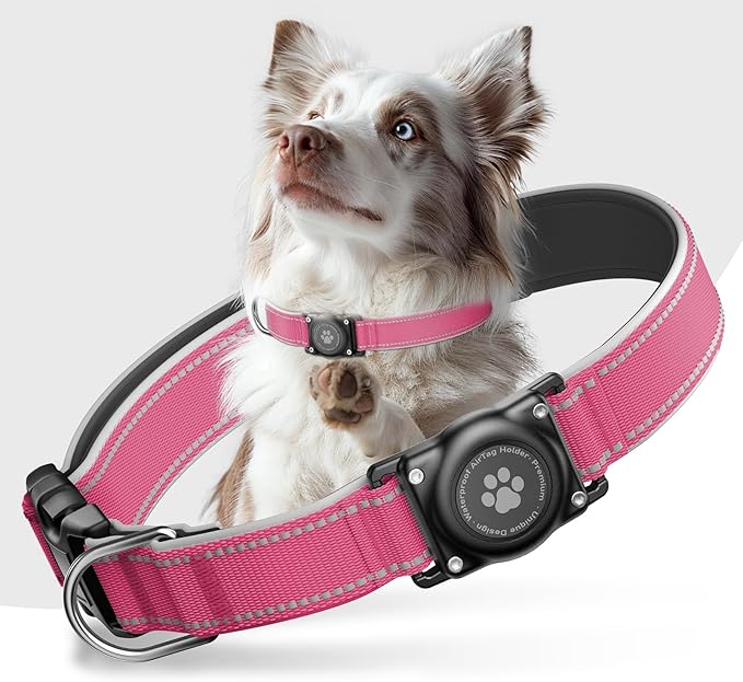 Airtag Dog Collar - 100% Waterproof Air tag Dog Collar Holder for Apple AirTag, Reflective, Soft Padded, Everlasting, GPS Dog Collar for Small Medium Large Dogs (Hot Pink, XL)-PurrikoPets