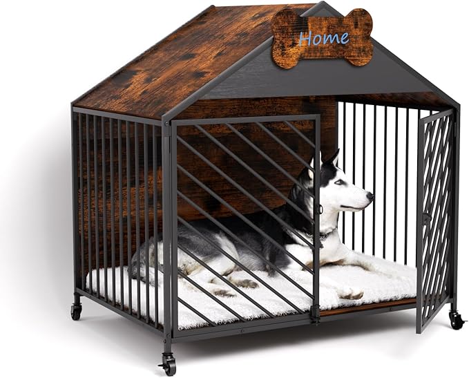 Furniture-Style Dog Crate with Gable Roof Design, Double Locking Doors Indoor Kennel for Small & Medium Dogs, Chew-Proof Escape-Proof Dog Cage, Rustic Brown-PurrikoPets