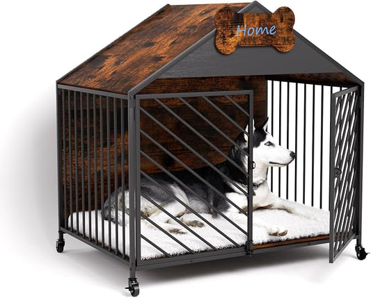 Furniture-Style Dog Crate with Gable Roof Design, Double Locking Doors Indoor Kennel for Small & Medium Dogs, Chew-Proof Escape-Proof Dog Cage, Rustic Brown-PurrikoPets