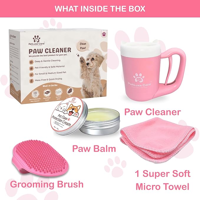 Dog Paw Cleaner for Small & Medium Dogs – Portable Paw Washer Cup with Soft Silicone Brush, Towel & Moisturizing Balm – Gently Cleans Muddy Paws After Walks (Pink, Small)-PurrikoPets