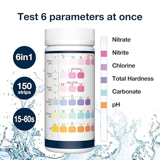 6 in 1 Aquarium Test Strips, 150 Strips Aquarium Water Test Kit for Fish Tanks & Ponds, Accurate Test Monitoring, Nitrate, Nitrite, Chlorine, Carbonate, Hardness, pH-PurrikoPets