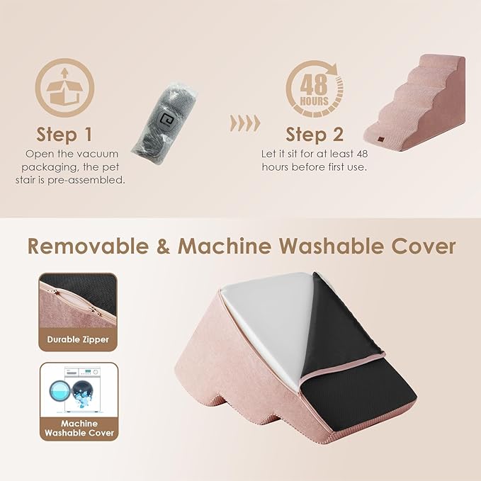 EHEYCIGA Curved Dog Stairs Ramp for High Beds 22.6" H, 5-Step Dog Steps for Small Dogs and Cats, Pet Stairs for High Bed Climbing, Non-Slip Balanced Pet Step Indoor, Dusty Pink-PurrikoPets