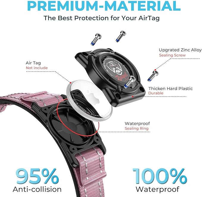 2025 Upgrade Airtag Dog Collar, Reflective Dog Collar with Airtag Holder, IP68 Waterproof| Metal Buckle| Ultra-Durable| Comfortable Padded, GPS Dog Collars for Medium Large Dogs (Pink,L)-PurrikoPets