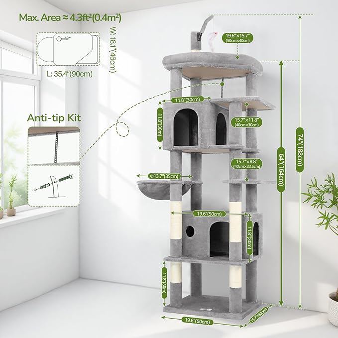 Globlazer Large Cat Tree Tower, Tall Cat Tree Condos for Indoor Cats Large Adult Cat Climbing Tower with 2 Spacious Caves, Oversized Top Perch, Big Hanging Basket, Cat Teaser Wand, F74B, Light Grey-PurrikoPets