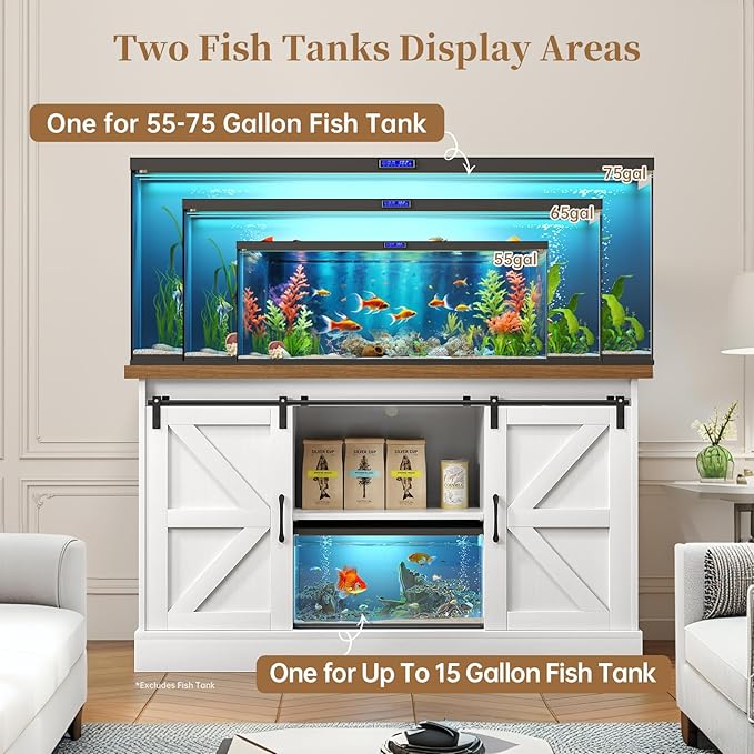 55-75 Gallon Fish Tank Stand with Sliding Barn Doors & Power Outlet, Heavy Duty Aquarium Stand with Cabinet Storage for Fish Tank, Turtle Tank, Reptile Terrarium, 1000LBS Capacity, White-PurrikoPets