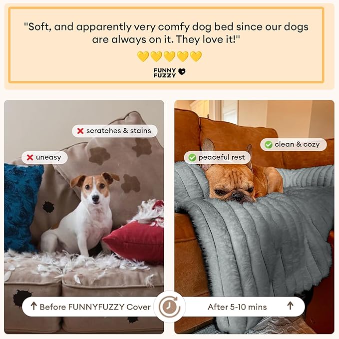 FUNNY FUZZY Pet Couch Cover for Sofa, Calming Dog Bed for Couch, Fluffy Plush Dog Couch Mat for Furniture Protector for Large Medium Small Dogs and Cats, Mist Grey-PurrikoPets