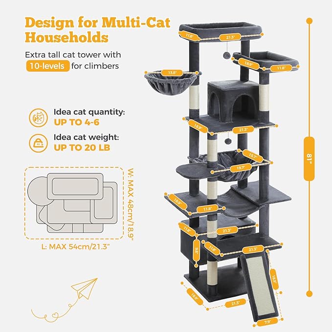 81" Heavy Duty Cat Tree for Large Cats up to 20lbs - Extra Tall Cat Tower with Metal Frame Hammock, 6 Sisal Scratching Posts, 2 Perches - Indoor Cat Furniture for Maine Coon, Dark Gray-PurrikoPets