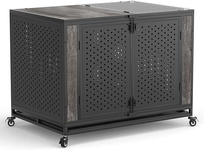 42" Heavy Duty Dog Crate Furniture for Medium and Large Dogs, Enclosed Design with 0.5 inch Holes, Indestructible Metal Kennel for High Anxiety Dogs, Chew Proof Indoor Pet House Cage, Gray-PurrikoPets