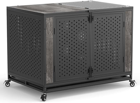 42" Heavy Duty Dog Crate Furniture for Medium and Large Dogs, Enclosed Design with 0.5 inch Holes, Indestructible Metal Kennel for High Anxiety Dogs, Chew Proof Indoor Pet House Cage, Gray-PurrikoPets