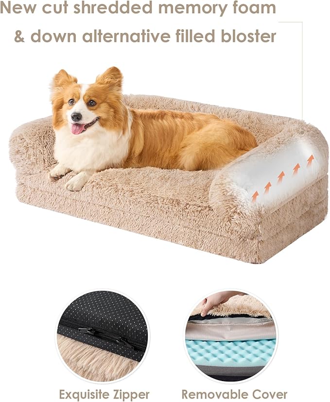 EHEYCIGA Foldable XL Dog Bed, Faux Fur Fluffy Pet Couch Bed for Large Dogs, Orthopedic Calming Memory Foam Big Pet Bed, Washable Soft Pet Sofa Bed with Non-Slip Bottom, Camel, 46"x34"x6.5"-PurrikoPets