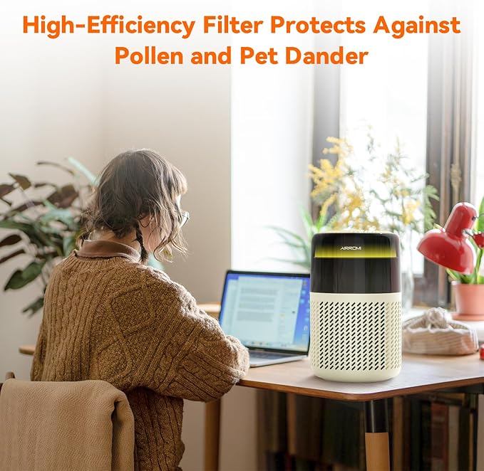 AIRROMI Air Purifier for Bedroom Home,HEPA Filter,Covers Upto 549 Ft²,Quiet 360°intake Air Cleaner with Fragrance ponge for Better Sleep,Night Light,Filters Smoke,Pet Dander,Allergies,Dust,A2005Yellow-PurrikoPets