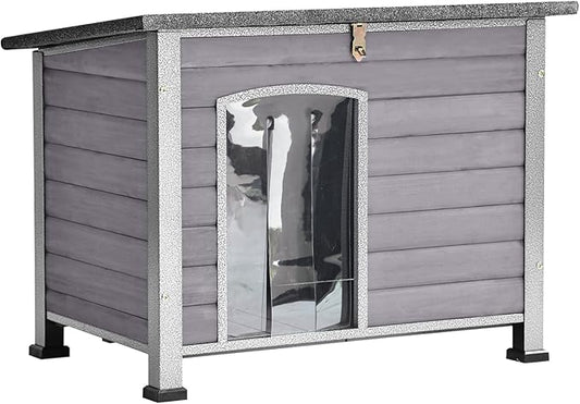 Aivituvin Dog House Outdoor Indoor Weatherproof Dog House for Small & Medium & Large Dogs with Unique All-Around Iron Frame＆Raised Feet（Grey）-PurrikoPets