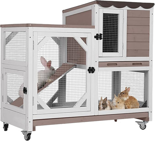 Aivituvin Rabbit Cage Indoor Outdoor Bunny Hutch on Wheels, 2 Story Wood Guinea Pig Cages with 2 Deeper Pull Out Trays-PurrikoPets