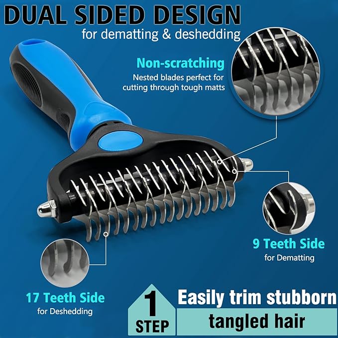 3PCS Dog Grooming Brush - Dog Brush for Shedding Massaging Bathing - Double Sided Shedding, Dematting Undercoat Rake - Self Cleaning Slicker Comb for Dogs and Cats with Long or Short Coats-PurrikoPets