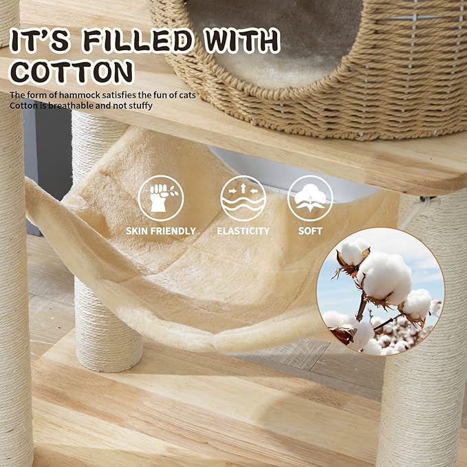 59" Big Modern Cat Tree Tower, Cat Tower Sisal-Covered Scratching Posts for Indoor Cats, Oak Wood Cat Tree for Large Cats, Multi-Level Cat Condo with Space Capsule Nest, Cat Furniture Activity Centre-PurrikoPets