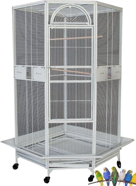64" Extra Large Corner Bird Flight Breeding Wrought Iron Rolling Parrot Cage Side Solid Metal Plate Feed Doors Pull Out Removable Grate and Tray with Around Metal Seed Guard-PurrikoPets