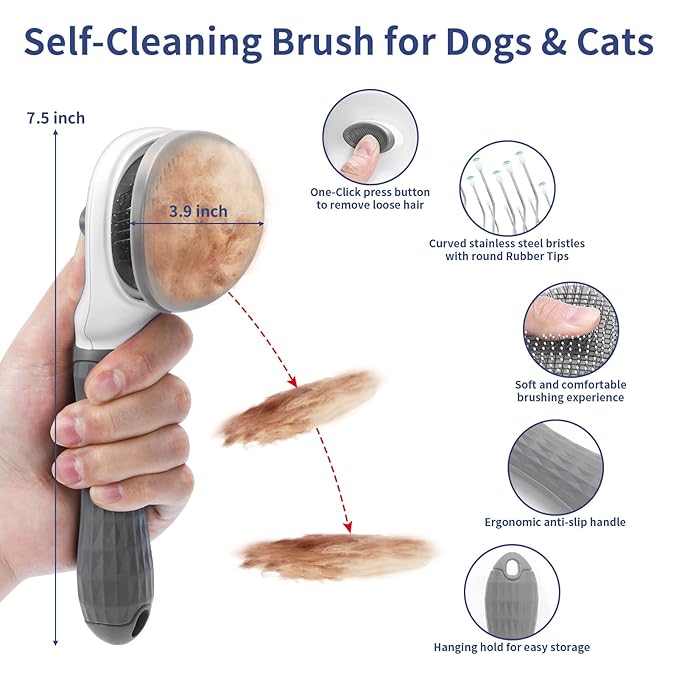 5 in 1 Dog Grooming Kit - Self-Cleaning Slicker Brush for Shedding Short Long Haired Dogs & Cats, Includes Pet Comb, Flea Comb, Bath Brush, Undercoat Rake - Complete Fur Care Set - Gray-PurrikoPets