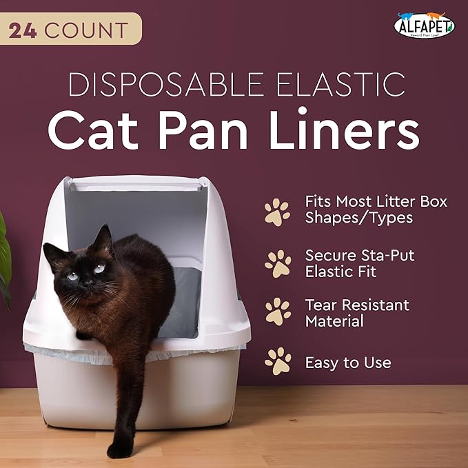 Alfapet Cat Litter box liner Disposable, Elastic Liners- 24-count-For Medium and Large, Size Litter Pans- With Sta-Put Technology for Firm, Easy Fit- Quick + Clever Waste Cleaners-PurrikoPets