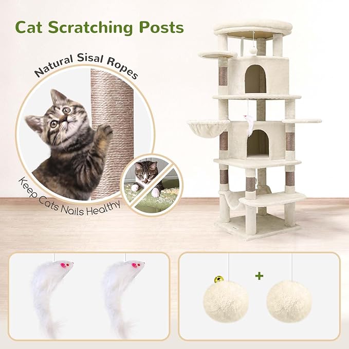 Globlazer Corner Cat Tree Tower for Large Cat, 66inch Tall Large Cat Tree Condo for Multiple Indoor Cats with 6 Scratching Posts, 2 Spacious Cat Condos, Soft Hammock, Hanging Basket, C66, Light Beige-PurrikoPets