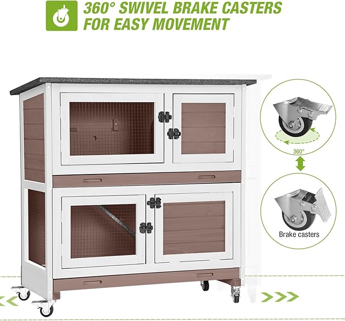 2-Story Rabbit Hutch Indoor Bunny Cage Wooden Guinea Pig House with Chew-Proof Ramp, Leakproof Slide-Out Trays, Lockable Caster Wheels for 1-3 Rabbits (Brown)-PurrikoPets