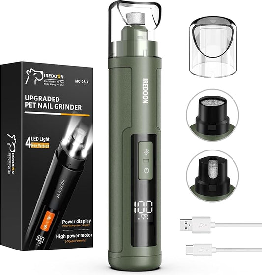 Dog Nail Grinder Upgraded - Professional 3-Speed Super Quiet and Low Vibration Electric Pet Nail Grinder with 4 LED Lights - Painless Paws Grooming & Smoothing for Small to Large Dogs (Green)-PurrikoPets