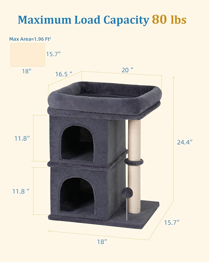 24in Cat Tree Tower with Scratching Post, 19 * 16.5in Window Perch for Large Cats, 2 Cat Condo Cubbies for Indoor Kittens, Dark Gray-PurrikoPets