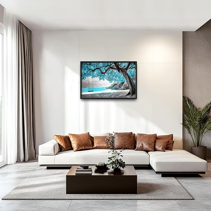 Extra Large Framed Abstract Tree Wall Art,Black and White Tree of Life Wall Decor,Blue Teal Sea Pictures for Living Room,Canvas Print Painting Modern Artwork Bedroom Office Bathroom 36L x 24W-PurrikoPets