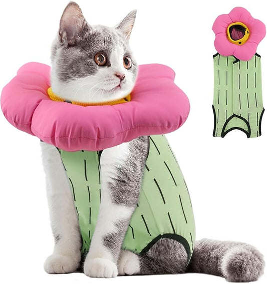 EMUST 2PCS Cat Recovery Suit and Cone Collar - Breathable Spay Suit, Adjustable Soft E Collar Alternative for Cats After Surgery - Green, L (8-16lb)-PurrikoPets
