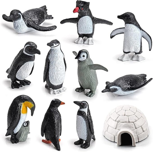 11PCS Penguin Toys, Plastic Arctic Animal Penguin Figures for Kids, Realistic Polar Animals Penguin Figurines Set with Igloo Model, Cake Topper Winter Miniature Toys Decoration-PurrikoPets
