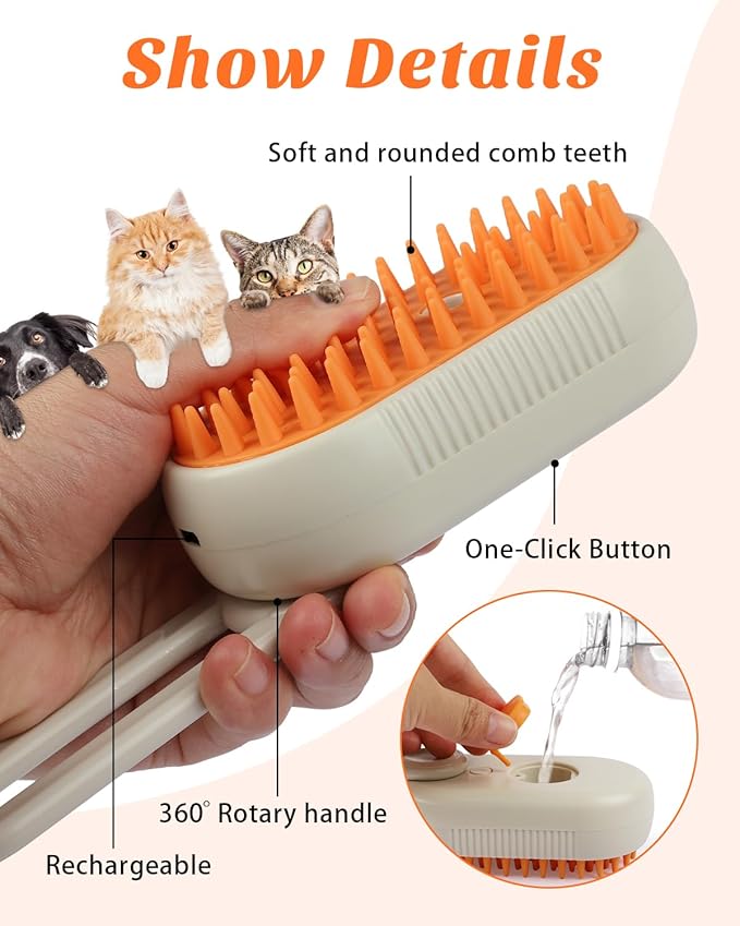6 in 1 Cat Steam Brush for Shedding, Portable Anti-Static Grooming Comb for Cats & Dogs, Steam Misting Water Brush, Self-Cleaning Pet Hair Remover, Indoor Cat Spray Brushes for Cats & Dogs-PurrikoPets