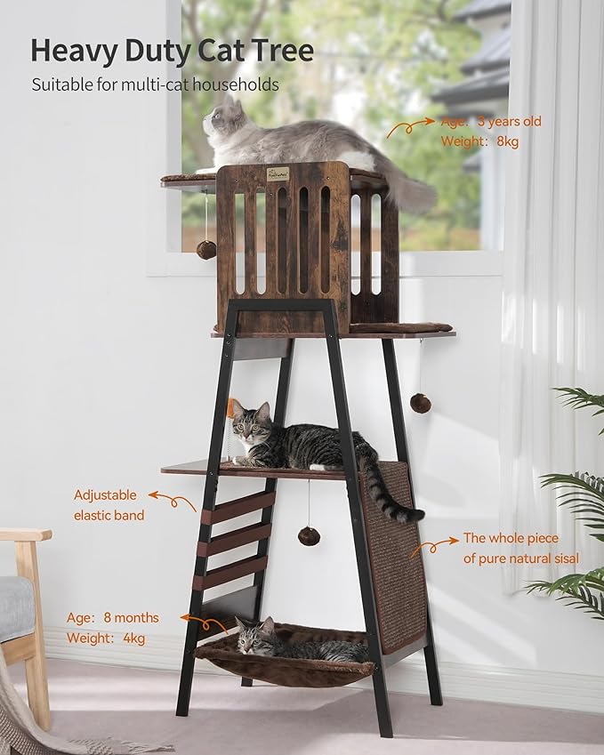 FourFurPets Modern Cat Tree, 58-Inch Cat Tower for Large Cats, Maine Coon Cat Tree with Scratching Board, Large Perch, Hammock and Removable Pads, Rustic Brown-PurrikoPets