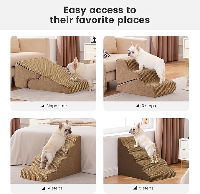 Gardner Pet Dog Stairs for Small Dogs 22.8" H, 5-Step Brown Curved Pet Stairs, Dog Steps for High Bed, Couch (24-30 in) with Durable Non-Slip Waterproof Fabric Cover and CertiPUR-US Certified Foam-PurrikoPets