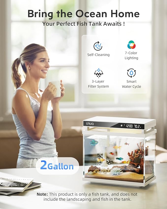 Fish Tank Smart Aquarium Kit: URUQ 2 Gallon Self Cleaning Multi-Layer Filtration System Silent Pump - UHD Glass 7-Color Lighting Temperature Monitoring - Fragrance Diffuser Humidifier White-PurrikoPets