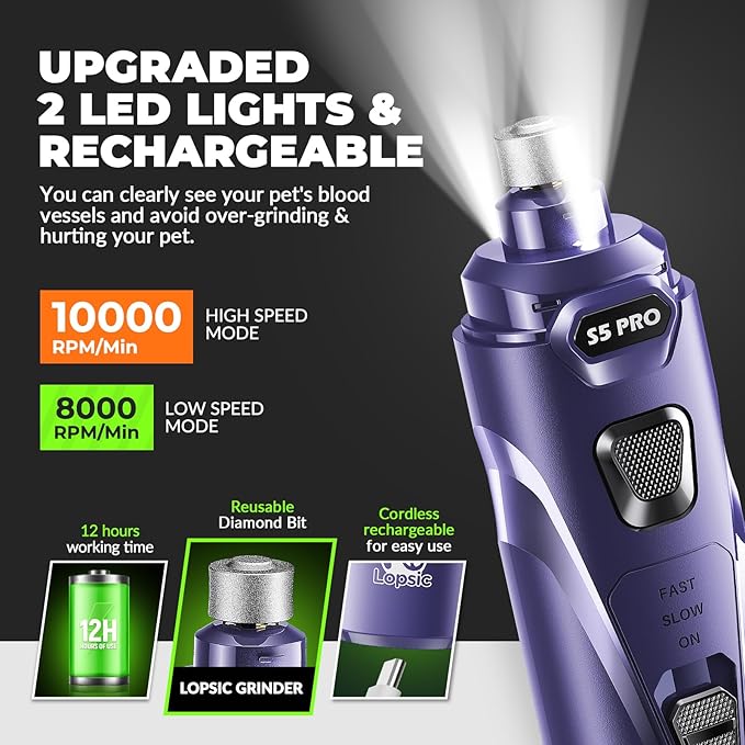 Dog Nail Grinder with 2 LED Lights Powerful 2 Speeds Super Quiet Dog Nail Trimmers with 3 Grinding Wheels Rechargeable Pet Dog Nail Clippers for Large Medium Puppy Dogs Dog Nail File Cat Nail Clipper-PurrikoPets