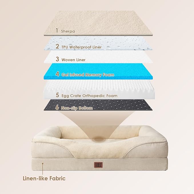EHEYCIGA Memory Foam XXL Dog Bed for XLarge Sized, Extra Large Orthopedic Dog Sofa with Sides and Waterproof Liner, Washable Bolster Pet Couch with Removable Cover, 52x41x8 Inch, Beige-PurrikoPets