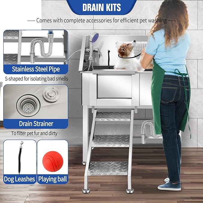 Dog Washing Station 38'' Stainless Steel Pet Grooming Tub for Large Dogs Over-Size Professional Dog Grooming Bathtub Station Wash Shower Sink Pet Grooming Bathtub Station-PurrikoPets