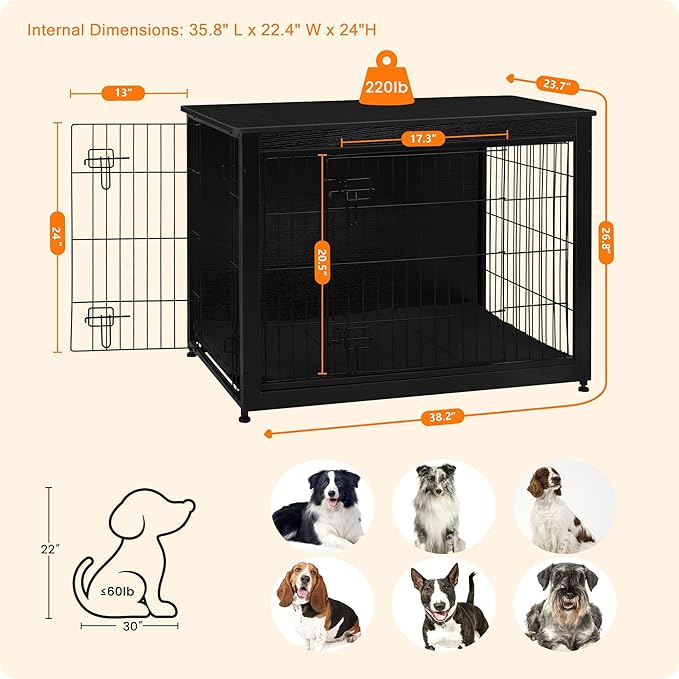 DWANTON Dog Crate Furniture with Cushion, Wooden Kennel Table with Double Doors, Indoor Dog House, Large Size, 38.5" L, Black-PurrikoPets
