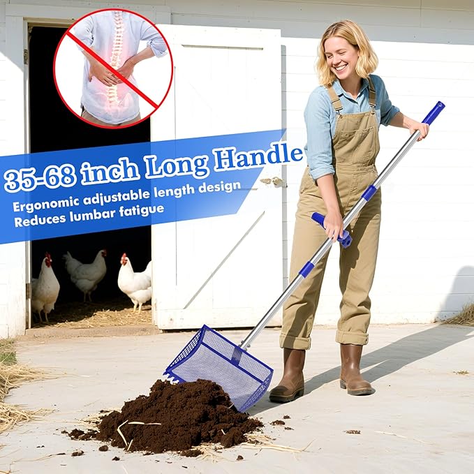 12 Inch Chicken Poop Scooper & Rake 2-in-1, Large Metal Shovel Head, Rubber Handle Stainless Steel Chicken Litter Scoop for Chicken Coops, Litter Screening Scoop (35 to 65in) US Patent Pending (Blue)-PurrikoPets
