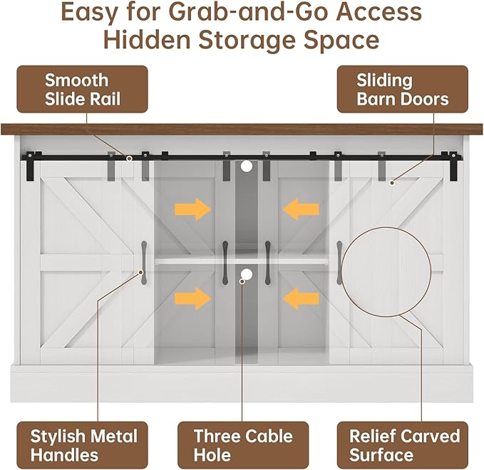 55-75 Gallon Fish Tank Stand with Sliding Barn Doors & Power Outlet, Heavy Duty Aquarium Stand with Cabinet Storage for Fish Tank, Turtle Tank, Reptile Terrarium, 1000LBS Capacity, White-PurrikoPets