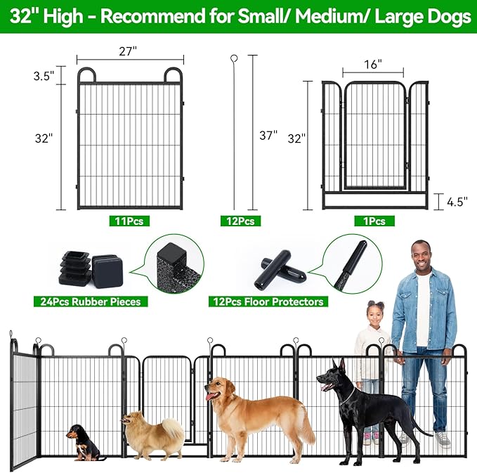 Dog Playpen Outdoor 12 Panels Heavy Duty Dog Fence 32" Height Anti-Rust with Doors Portable for RV Camping Yard, Total 27FT, 58 Sq.ft, Snowy Black-PurrikoPets