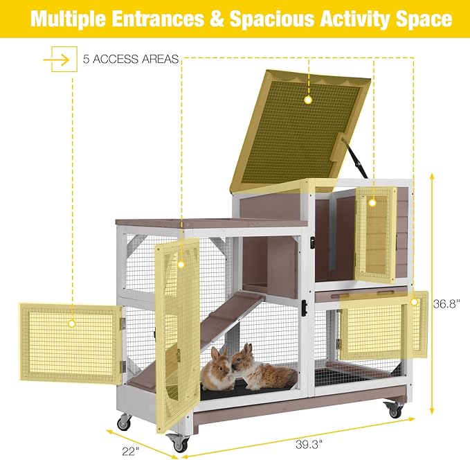 Aivituvin Rabbit Cage Indoor Outdoor Bunny Hutch on Wheels, 2 Story Wood Guinea Pig Cages with 2 Deeper Pull Out Trays-PurrikoPets