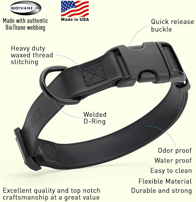 Dogline Biothane Waterproof Dog Collar with Quick Release Buckle Strong Coated Nylon Webbing with Odor- Proof for Easy Care Easy to Clean Fits Small Medium Large Dogs, Black 5/8" W 9-14" L-PurrikoPets