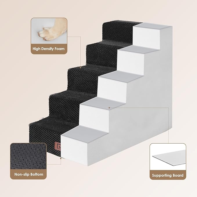 EHEYCIGA Dog Stairs for High Bed 22.5" H, 5-Step Dog Steps for Bed, Pet Steps for Small Dogs and Cats, Non-Slip Balanced Pet Ramp Indoor, Black-PurrikoPets