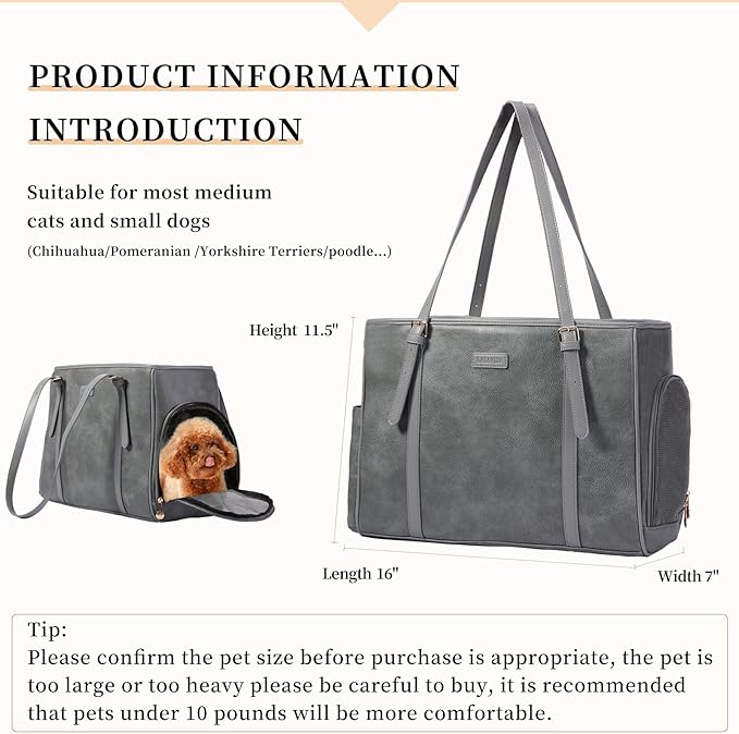 Fashion Dog Purse Pet Carrier Leather Bag for Small Dogs Cats Puppy, Portable Tote Bag Airline Approved Soft-Sided Carriers (Grey)-PurrikoPets