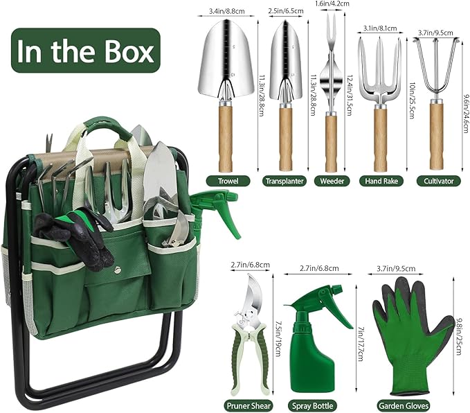 Garden Tool Set, 10 Piece Kit with Heavy Duty Folding Stool, Detachable Storage Tote Bag, Stainless Steel Tools, Gifts for Women Men Green-PurrikoPets