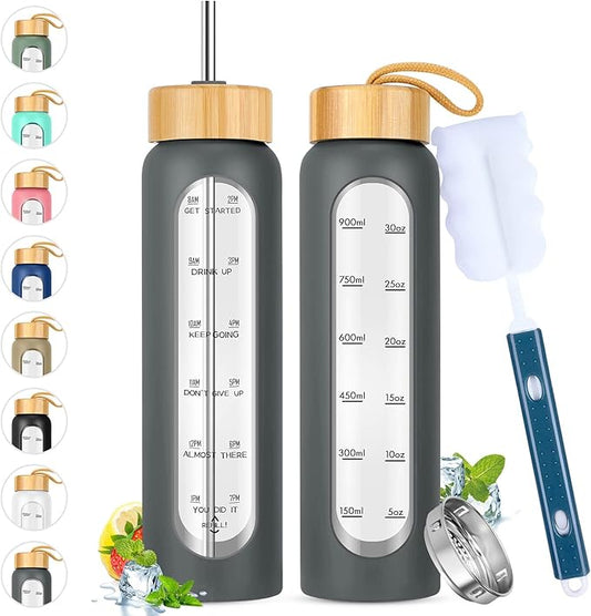 32 oz Glass Water Bottle with Straw - Motivational Time Marker & Silicone Sleeve - Reusable Tumbler Includes 2 Bamboo Lids & Fruit Infuser - 1 Pack-PurrikoPets