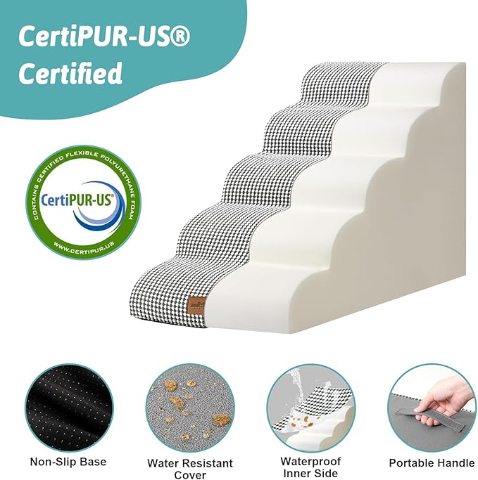 Dog Stairs for High Bed 22.6" H, Small Dog Step for Puppy, Older or Cat, Curved Ramp for Car, Ladder with High Density Foam, Lightweight, Durable, 15.7x33x22.6 inch, 5 Step, White Black-PurrikoPets