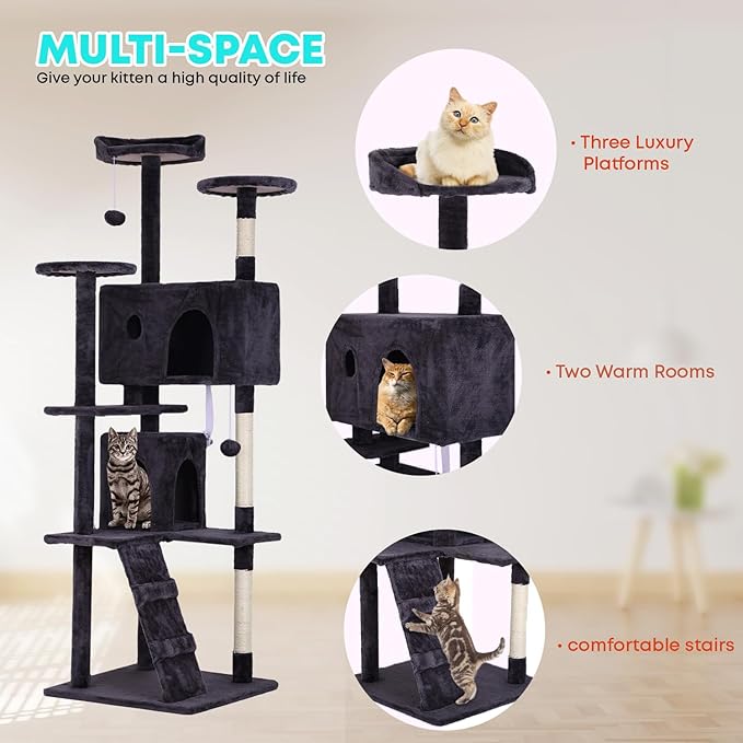 FDW Cat Tree 70in Cat Tower Multi-Level Durable Cat Scratching Post & Cozy Fun Cat Jumping Platform Space Saving Cat Condo Pet Play House for Indoor Cats,Ashy-PurrikoPets