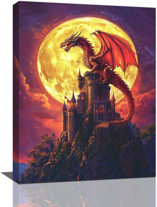 Dragon Bathroom Pictures Wall Art, Red Dragon Castle Bathroom Wall Decor, Framed Painting Canvas Artwork for Bedroom Living Room Decorations 24"L x 20"W-PurrikoPets